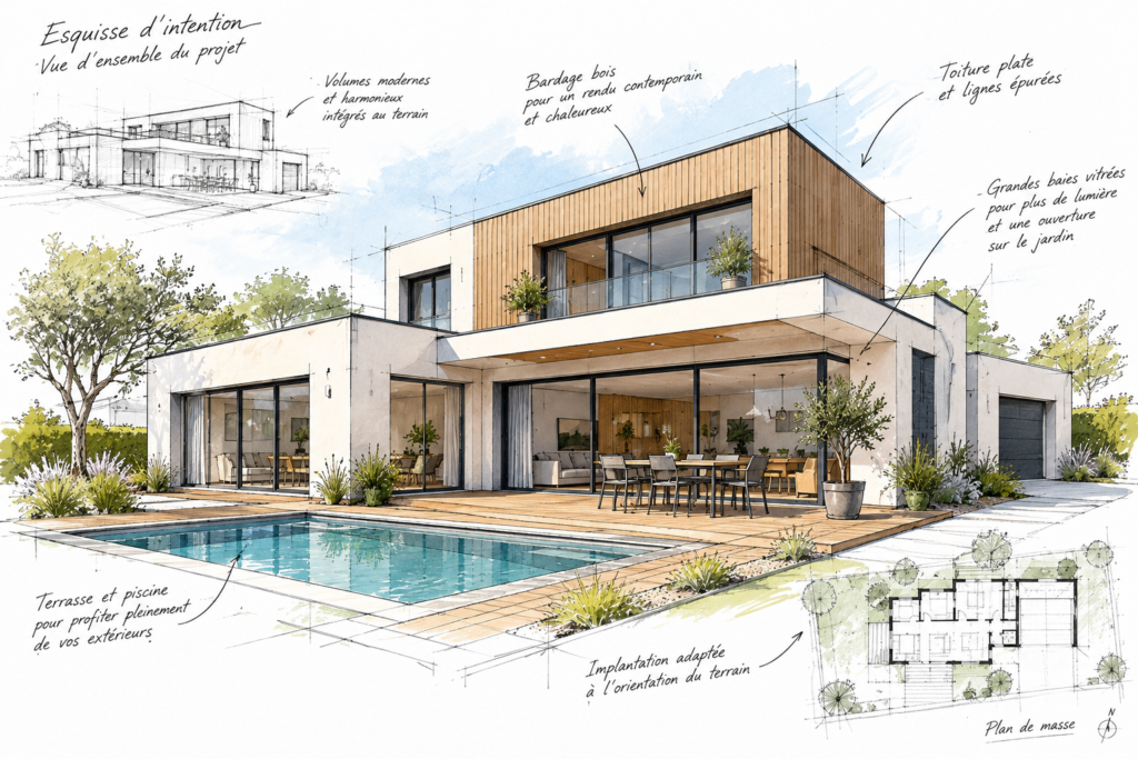 Esquisse de conception d'une maison neuve en Vendée