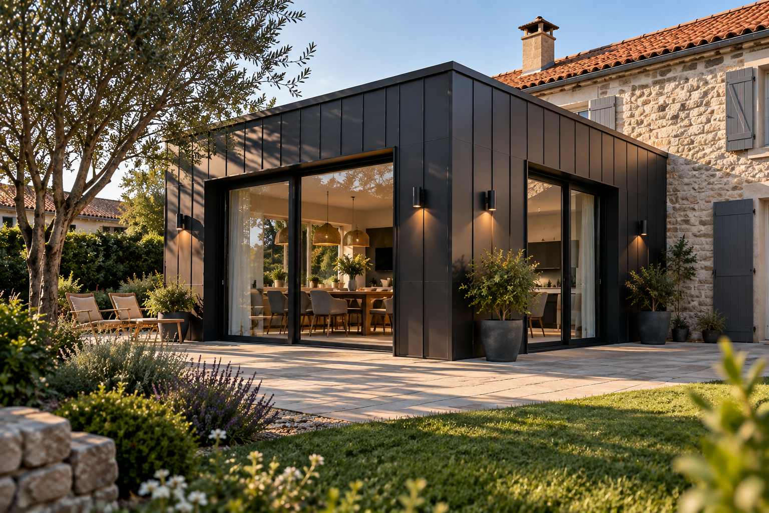 Extension de maison mixte associant maçonnerie et bardage métallique