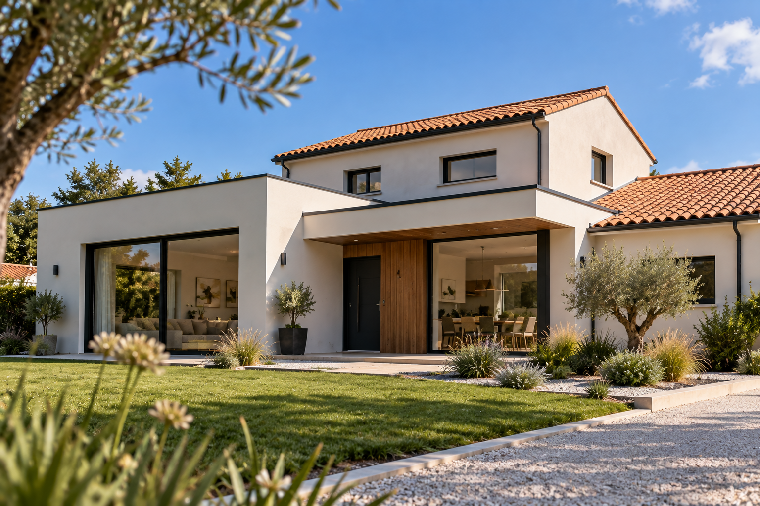 Maison au style mixte associant toiture en tuiles et toit-terrasse