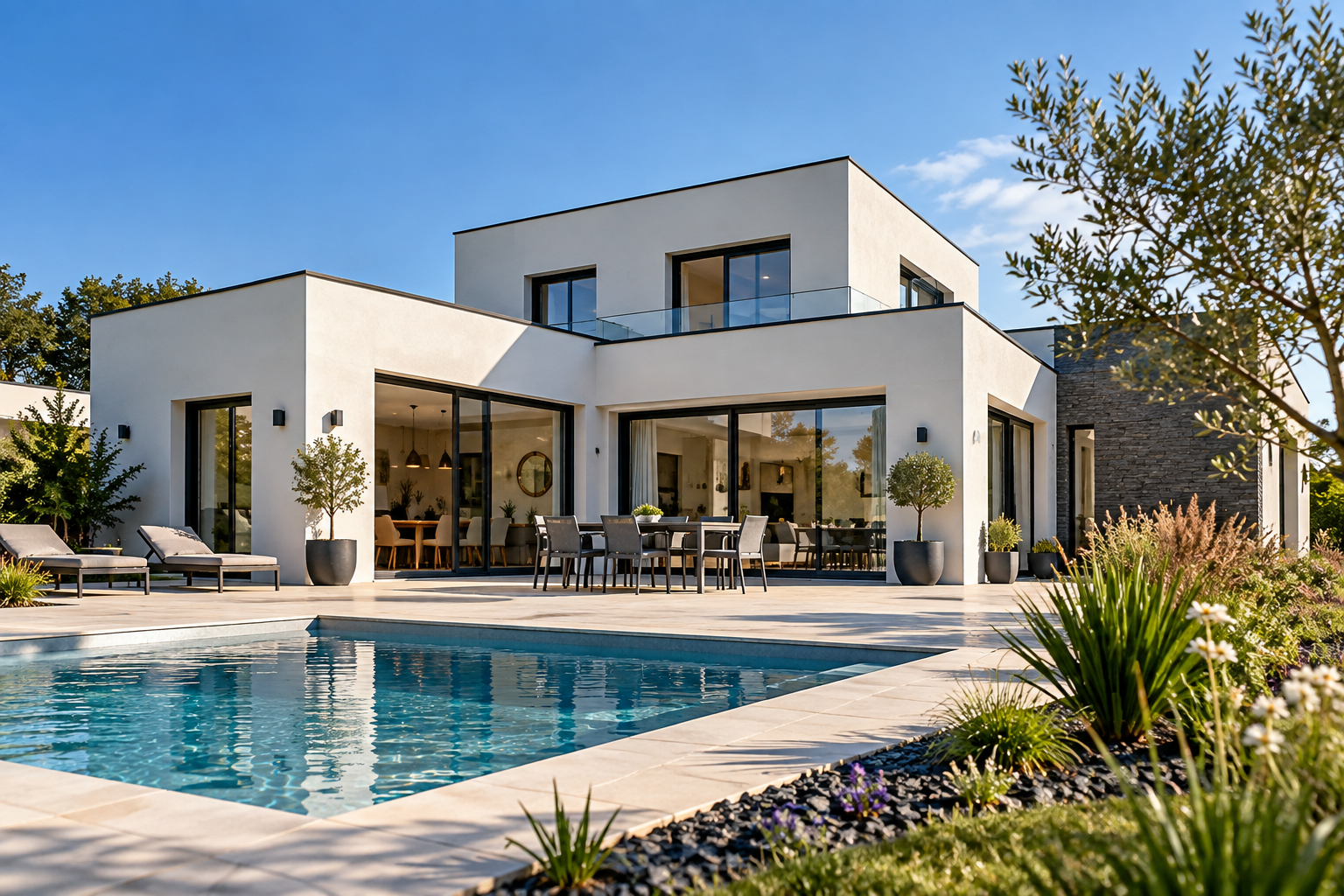 Maison contemporaine à toit-terrasse et grandes baies vitrées